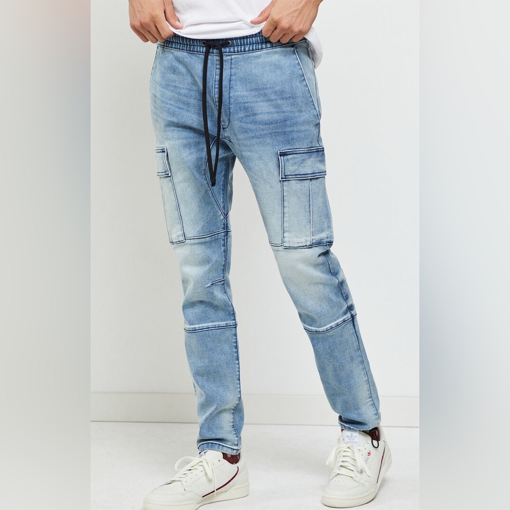 Men’s PacSun Light Blue Faded wash Denim Jean drawstring waist cargo Joggers M